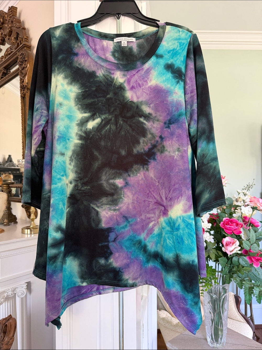 Tie-Dye Tunic Top in Turquoise, Purple, Green & Black by Green Envelope, size 1X